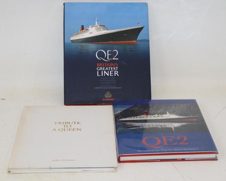 Group Of 3 Tribute To A Queen And QE2 Hardbound Cunard Line Ship Books: Largest Is 9x11x1