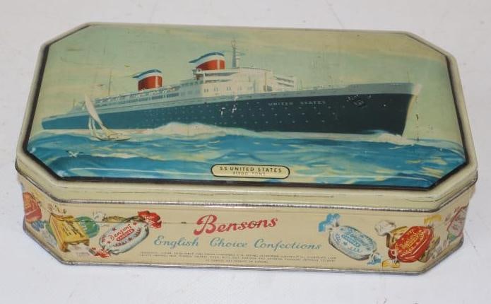 Bensons English Choice Confections Tin Litho Candy Container with S.S. United States Oceanliner: 8" x 5" x 2"