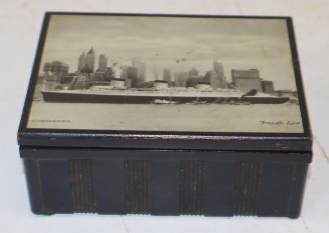 French Line Normandie Souvenir Box with Ship Scene: 4" x 3" x 1.75"