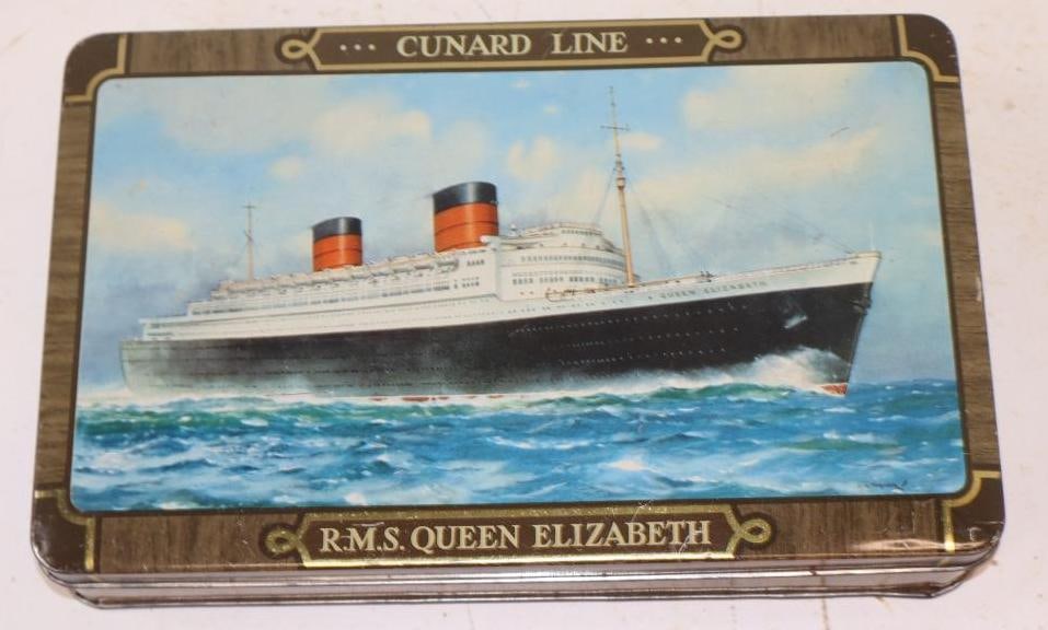 Edward Sharpe and Sons Ltd Tin Litho Container with R.M.S. Queen Elizabeth Scene: 9" x 5.5" x 1.5"