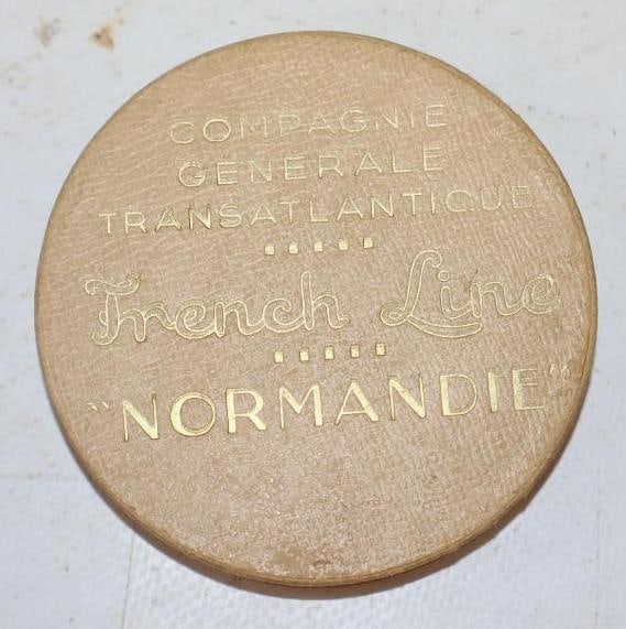 French Line Normandie Advertising Medallion Container: 3" x 3" x .5", empty