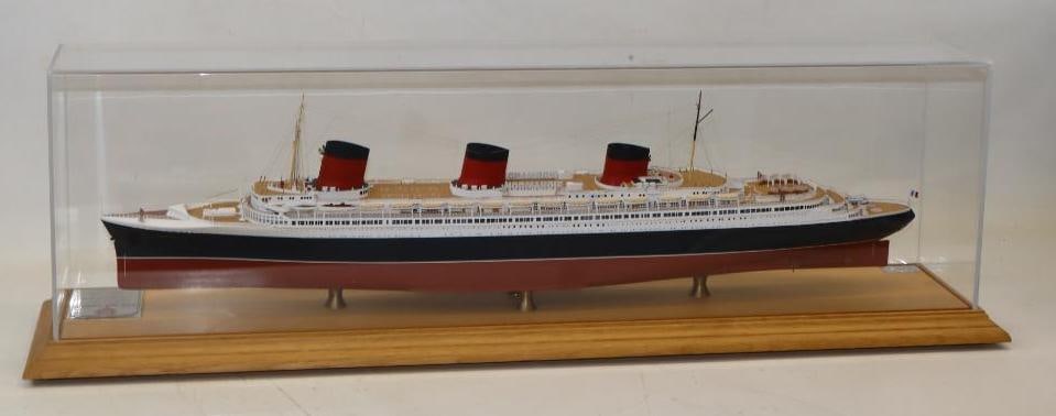T.S.S. Normandie Model Ship on Wooden Display Case: 40" x 29" x 12", scale 1/350th