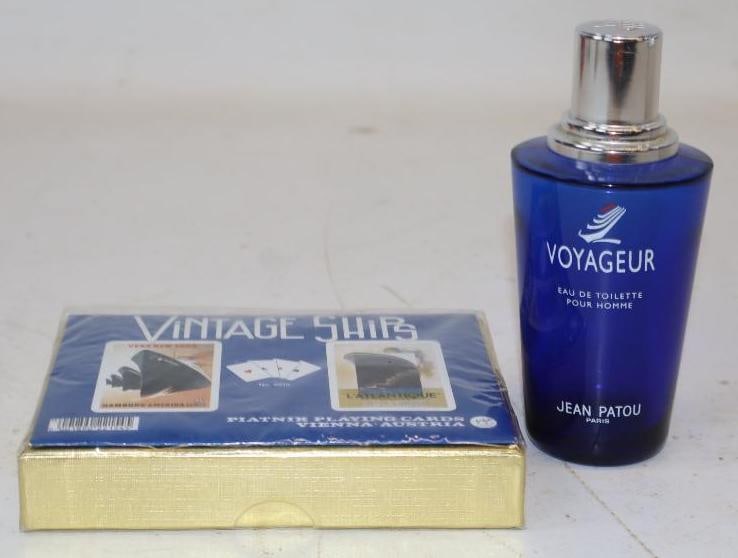 Group of 2 Voyageur Cologne Bottle and L'Atlantique Ship Playing Cards: largest 5" x 4" x 1"