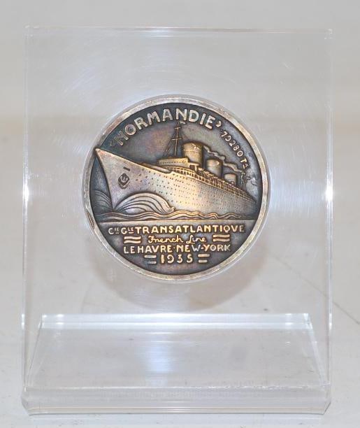 1938 Brass Normandie Souvenir Medallion with Plastic Display Stand (1 of 3)