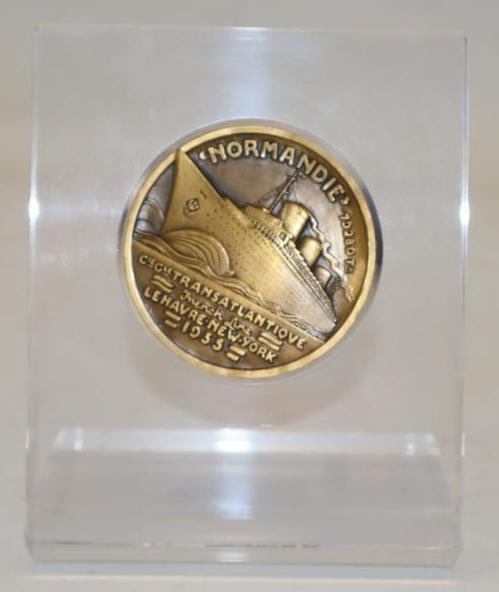 1935 Brass Normandie Souvenir Medallion with Plastic Display Stand: 2.5" x 2.5"