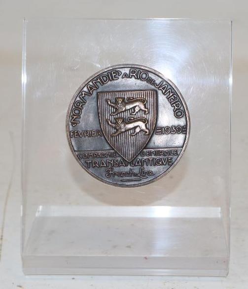 1939 Brass Normandie Souvenir Medallion with Plastic Display Stand: 2.5" x 2.5"