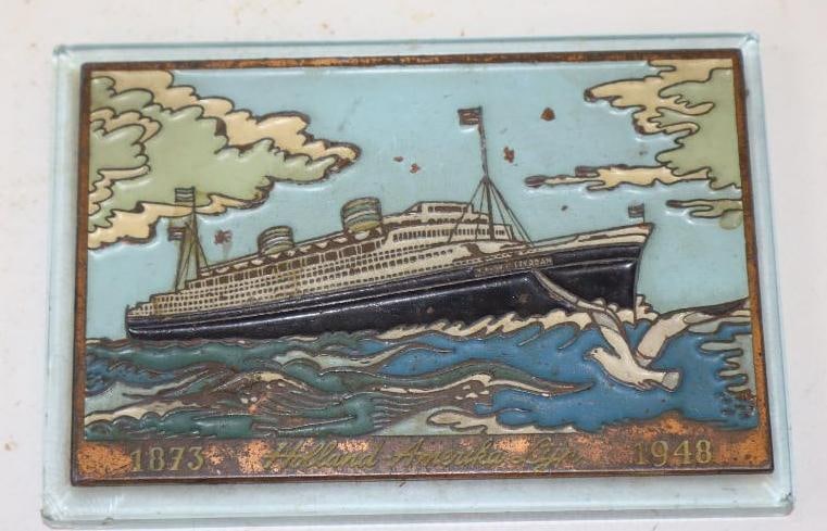 1948 Holland-America Line Glass Souvenir Paperweight: 5.75" x 3.5" x .75"