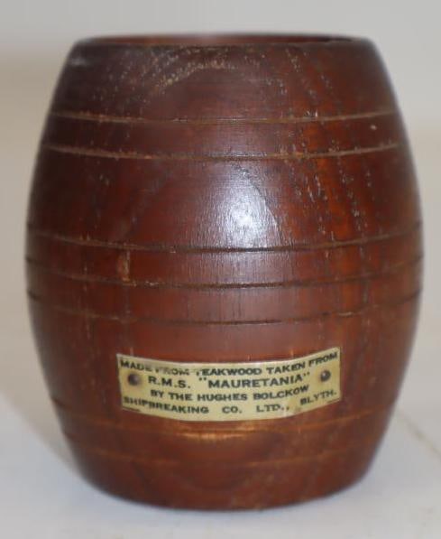 1935 Wooden Souvenir Barrel Made of the R.M.S. Mauretania Oceanliner Ship: 2.5" x 2.5" x 3"