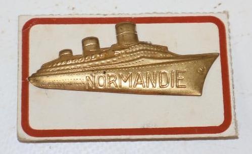 Brass Figural Normandie Oceanliner Pin Back Badge: 2" x 1"
