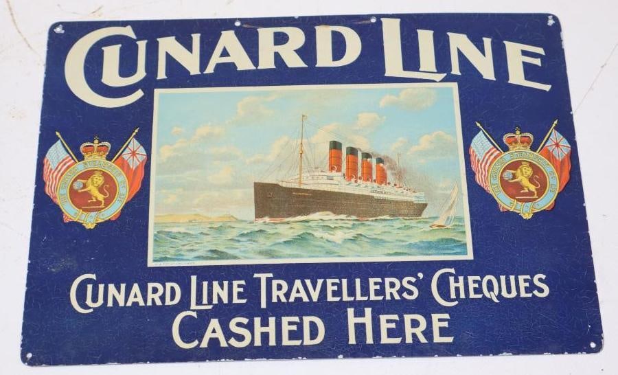 Cunard Line Travelers Checks Cashed Here Painted Tin Sign: 9.5" x 6.5"