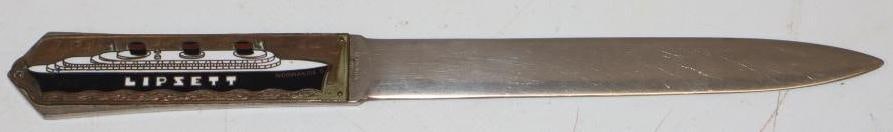 Normandie Oceanliner Souvenir Letter Opener with Cloisonne Ship on Handle: 9.5" x 1"