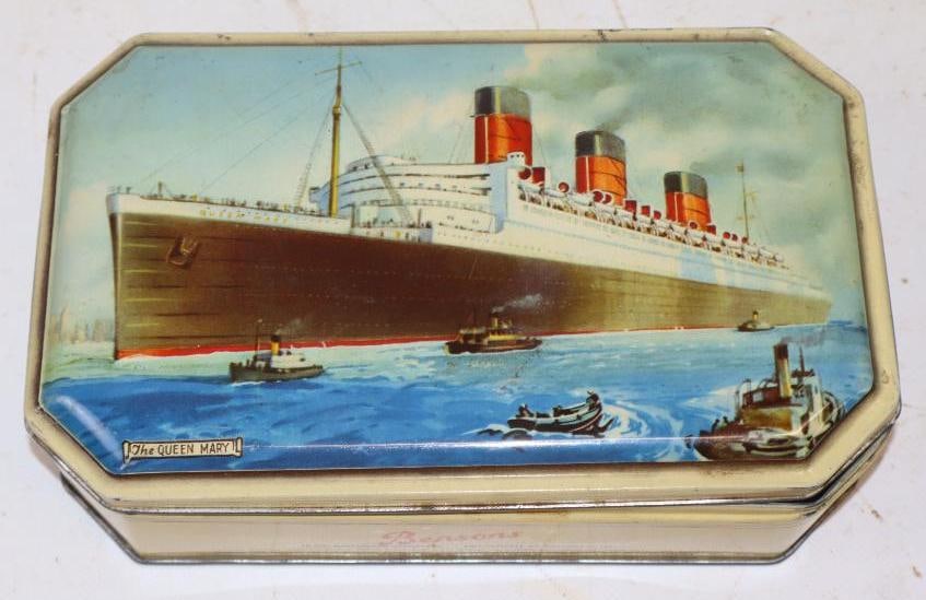Benson's Confectionary Ltd Candy Tin with Queen Mary Ship Scene: 8" x 5" x 2"