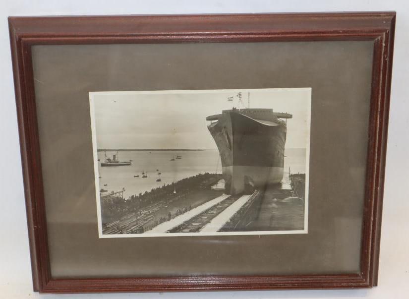 Framed Black And White Photo Launching Of The Normandie Ocean Liner: 15.5x12.5