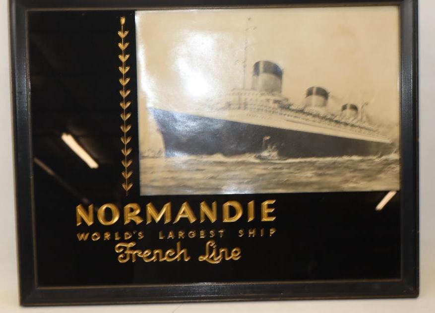 1930s Normandie World's Largest Ship French Line Framed Black And White Print With Gold Painted: 26x20