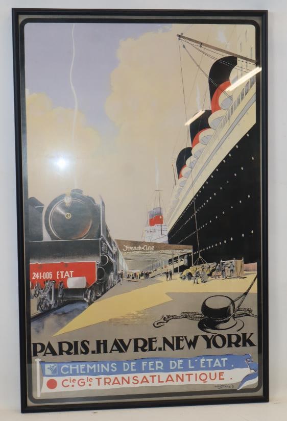 Framed French Line Poster with Train And Ocean Liner: 24.5x37.5 Appears To Be A Reprint