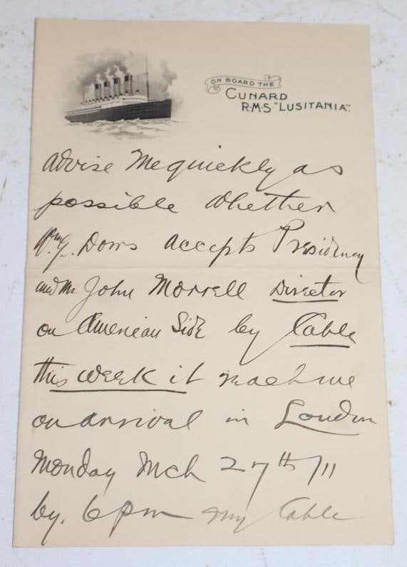 Letter Written On Cunard R.M.S.Lusitania Stationary: 4.5x7