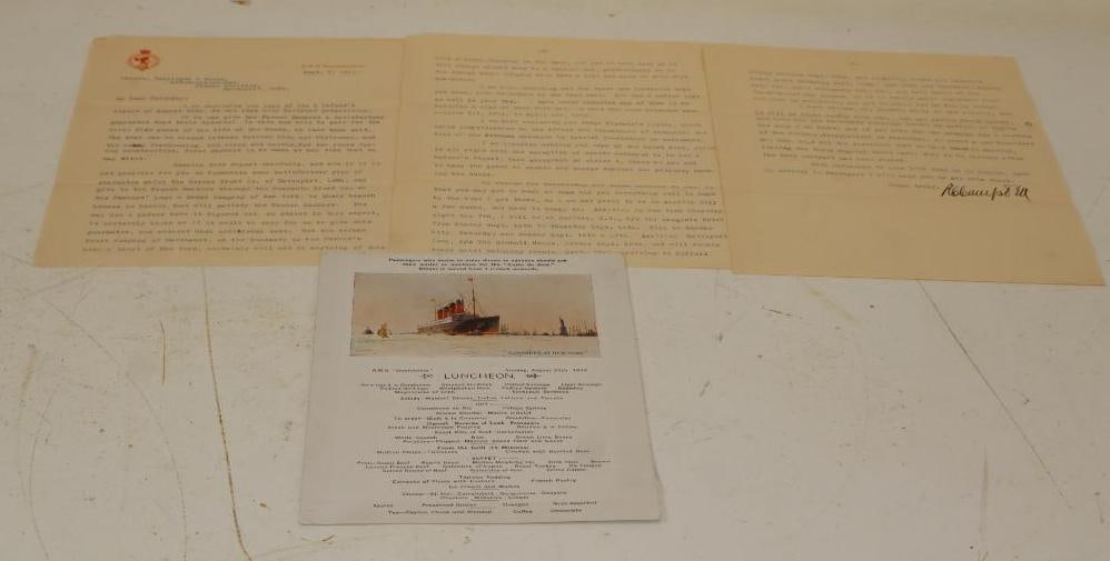 Group Of 2 1911 &1912 R.M.S. Mauretania Letter And Menu: Largest Is 8.5x11