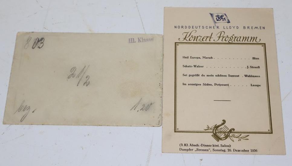 Norddeutscher Lloyd Bremen Ocean Liner Concert Program and Original Envelope: 7x5 Each
