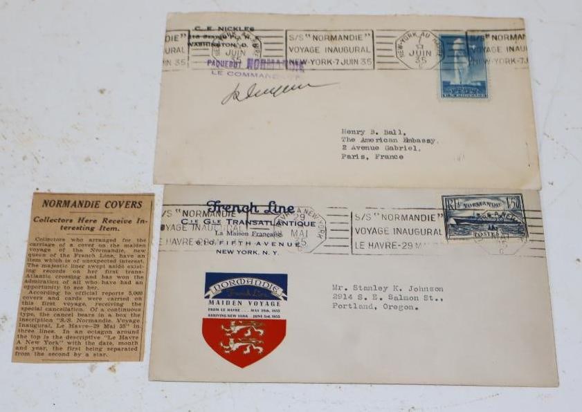Group Of 3 Normandie Ocean Liner Inaugural Postal Stamps And Newspaper Clipping: Largest Is 6.25x3.75