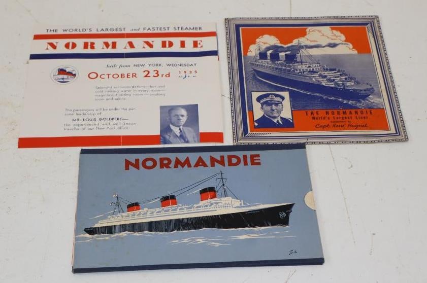 Group Of 3 1930s Normandie Ocean Liner Brochure, Print And First Class Evacuation Floding Slide: Largest Is 7x6