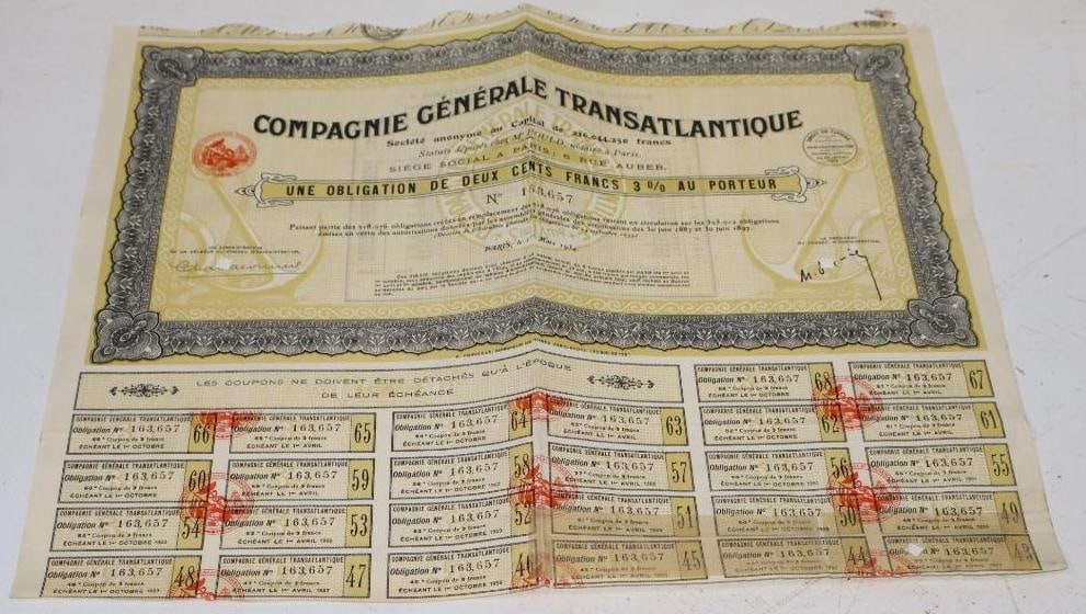 1934 Compagnie Generale Transatlantique Stock Certificate?: !5x12
