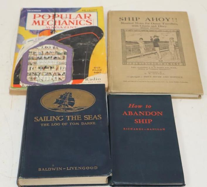 Group Of 4 Hardbound Ship Books Ans 1932 Popular Mechanics Magazine: Largest Is 6.5x9.5