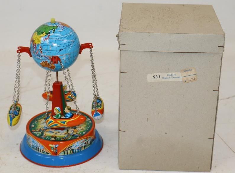 Tin Litho Globe Carousel From West German Mechanical Toy In Original Box: 5x5x8