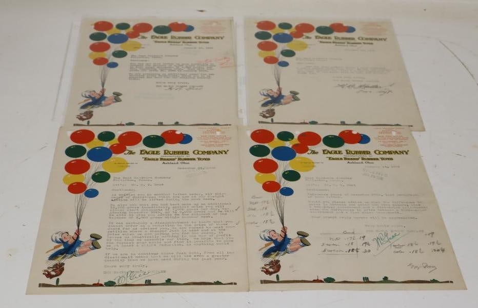 Group of 4 1930s The Eagle Rubber Company Toys Signed Letters: 8.5x11 Each