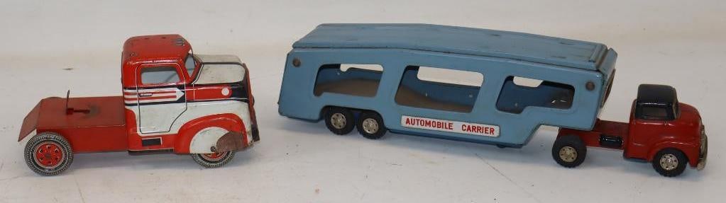 Group of 2 Tin Litho Semi Truck Cab and Friction Car Holler: 4.5x9x4.25