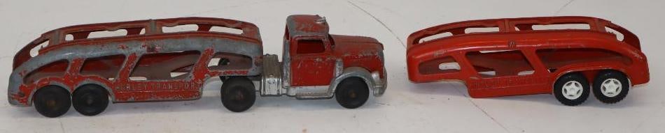 Group of 2 Hubley Car Carrier Semi Trucks: Largest is 14x3x3.5 One is Complete Semi and One Only Trailer