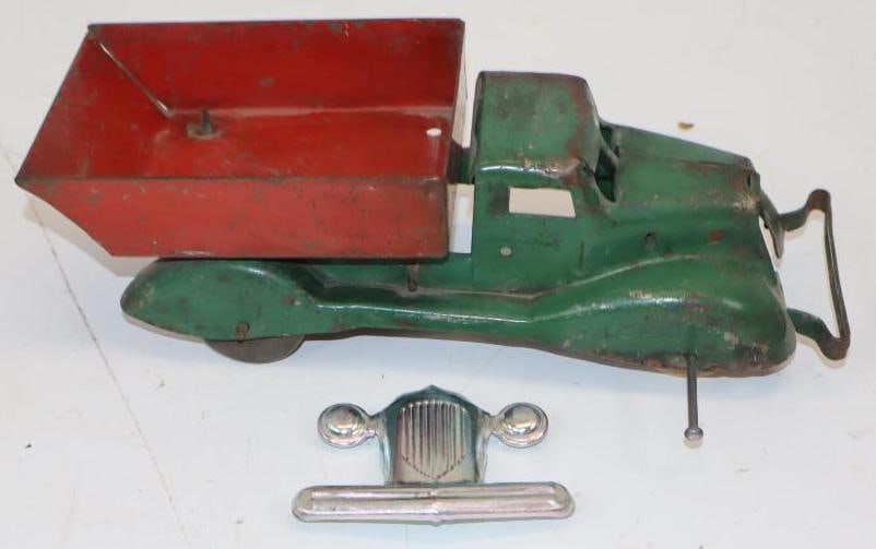 Vintage Pressed-Steel Toy Dump Truck With Wooden Wheels (Red and Green) (1 of 3)