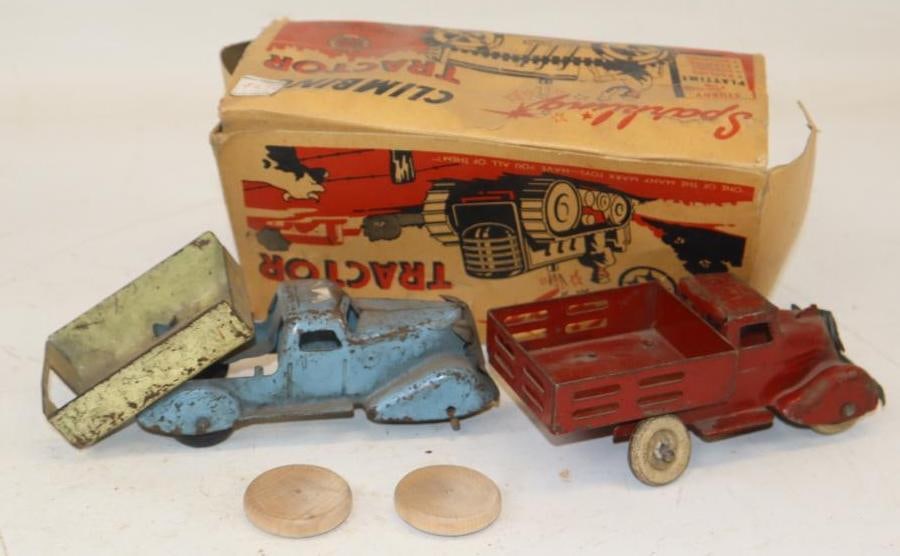 Group of 2 Pressed-Steel Toy Dump and Stake Bed Trucks: Largest is 6.5x2x2 Blue Truck Is Missing a Wheel