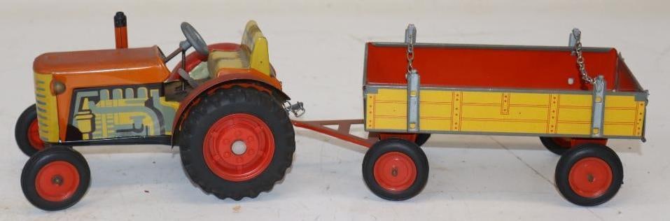 Tin Litho Toy Tractor With Matching Trailer: 14x3.5x3.5