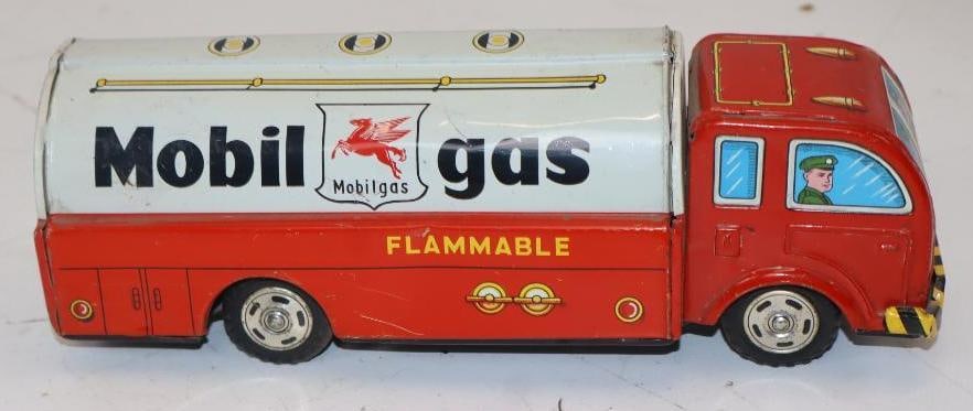 Tin Litho Mobilgas Friction Tanker Truck: 9.25x3.25x3 Marked Made in Japan