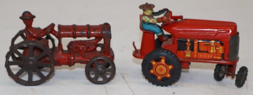 Group of 2 Tin Litho Cast Iron Toy Tractors (1 of 4)