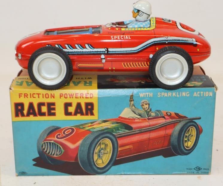 T.N. Tin Litho Friction Powered Race Car Number 9 In Original Box: 8.5x4x3.5