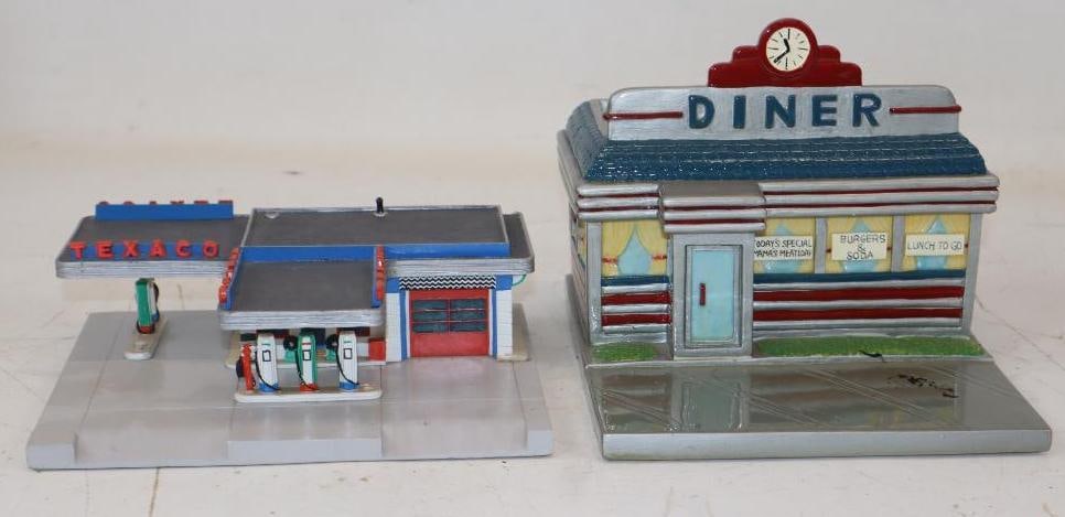 Group of 2 Diner and Texaco Service Station Ceramic Models: Largest is 8x7x3