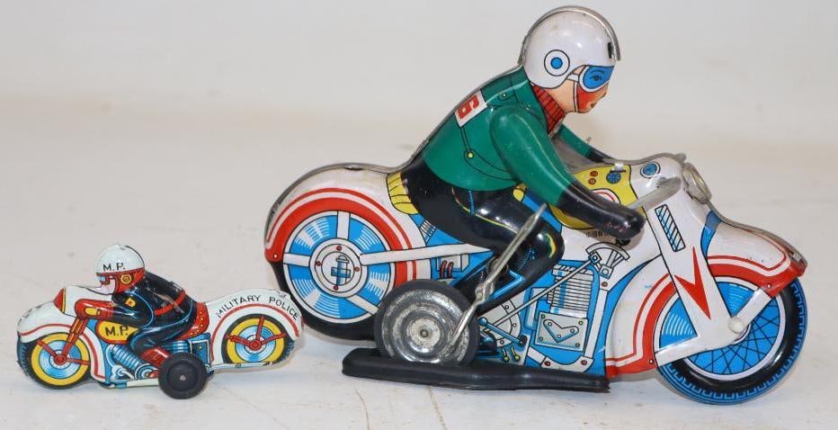 Group of 2 Tin Litho Windup and Friction Motorcycle Toys: Largest is 7x3.5x4.5