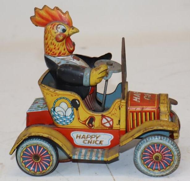 Tin Litho Happy Chick Friction Toy Car: 2.5x5x5.5