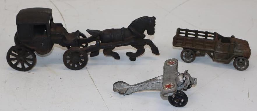 Group of 3 Cast Iron Toy Truck, Plane and Horse and Buggy: 9x3x3