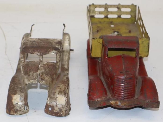 Group of 2 Stake Bed Pressed-Steel Toy Trucks With Wooden Wheels: 10x4.5x3 One Truck is Complete Other Is Just the Body