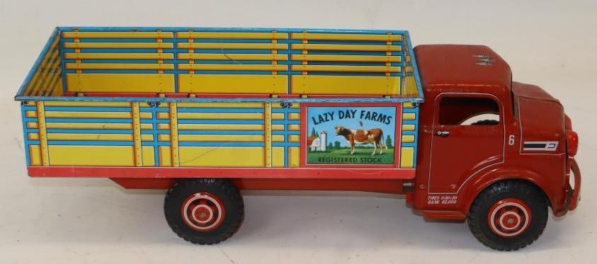 Lumar Tin Litho Lazy Day Farms Stake Bed Truck: 17x6.5x6