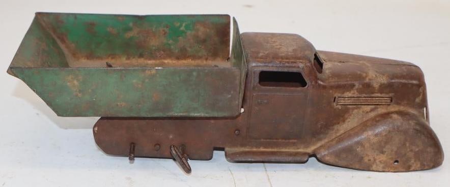 Pressed-Steel Windup Dump Truck: 11x5x3 Missing All 4 Wheels