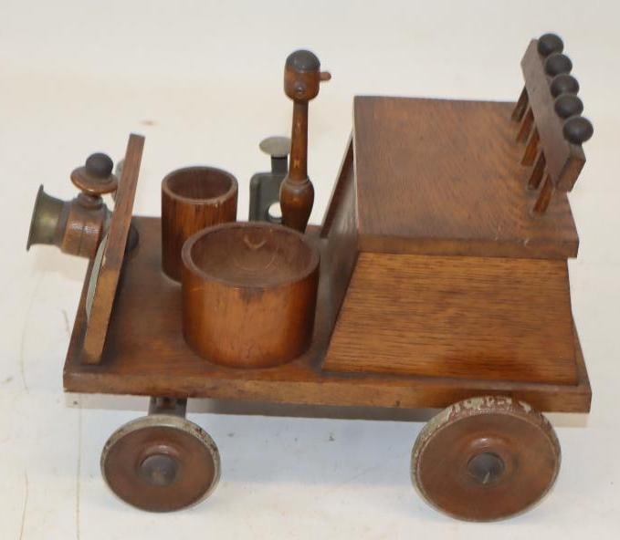 Wooden Early Automobile Shaped Cigar Cutter And Match Holder: 9.5x5.5x7