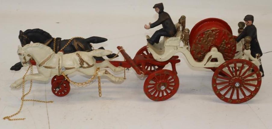 Cast Iron Horse Drawn Fire Hose Wagon: 20x4.5x7 Appears to Have New Parts Age Unknow