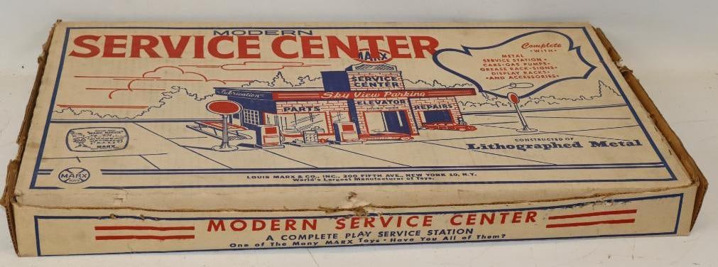 Marx Modern Tin Litho Service Station In Original Box: 27x15.5x2.5 Appears to Be Complete