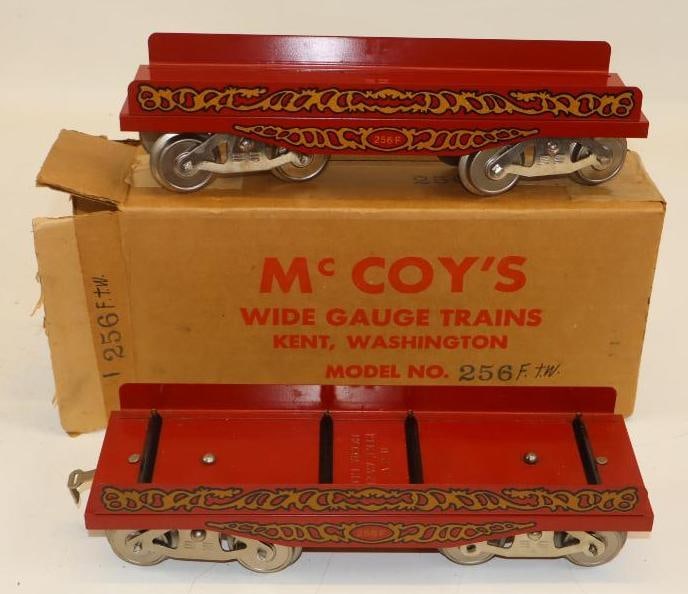 Group of 2 McCoy Standard Gauge T.P.C Circus Flatbed Train Cars In Original Box: Box measures 12.5" x 6.5" x 4"