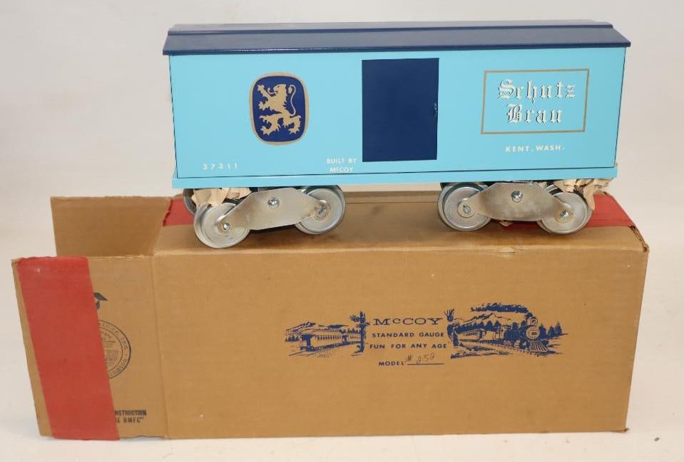 McCoy Standard Gauge Srhutz Brau Box Car In Original Box: 14" x 6.5" x 4"