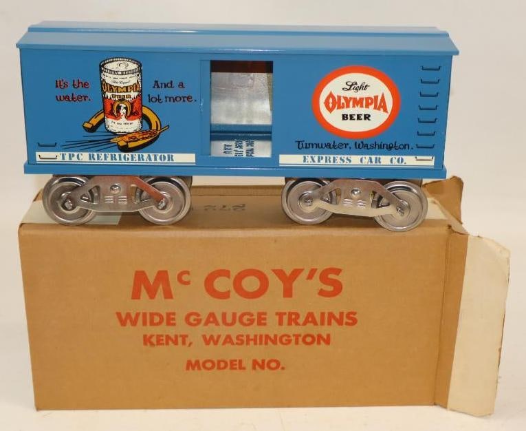 McCoy Standard Gauge Olympia Light Beer Box Car In Original Box: 13" x 6" x 4"