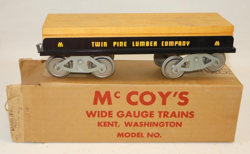 McCoy Standard Gauge Twin Pine Lumber Company Lumber Flatcar In Original Box: 12.5" x 4.5" x 4"